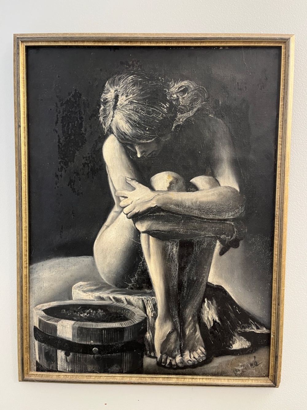 Vintage Framed Black and White Figurative Oil Painting
